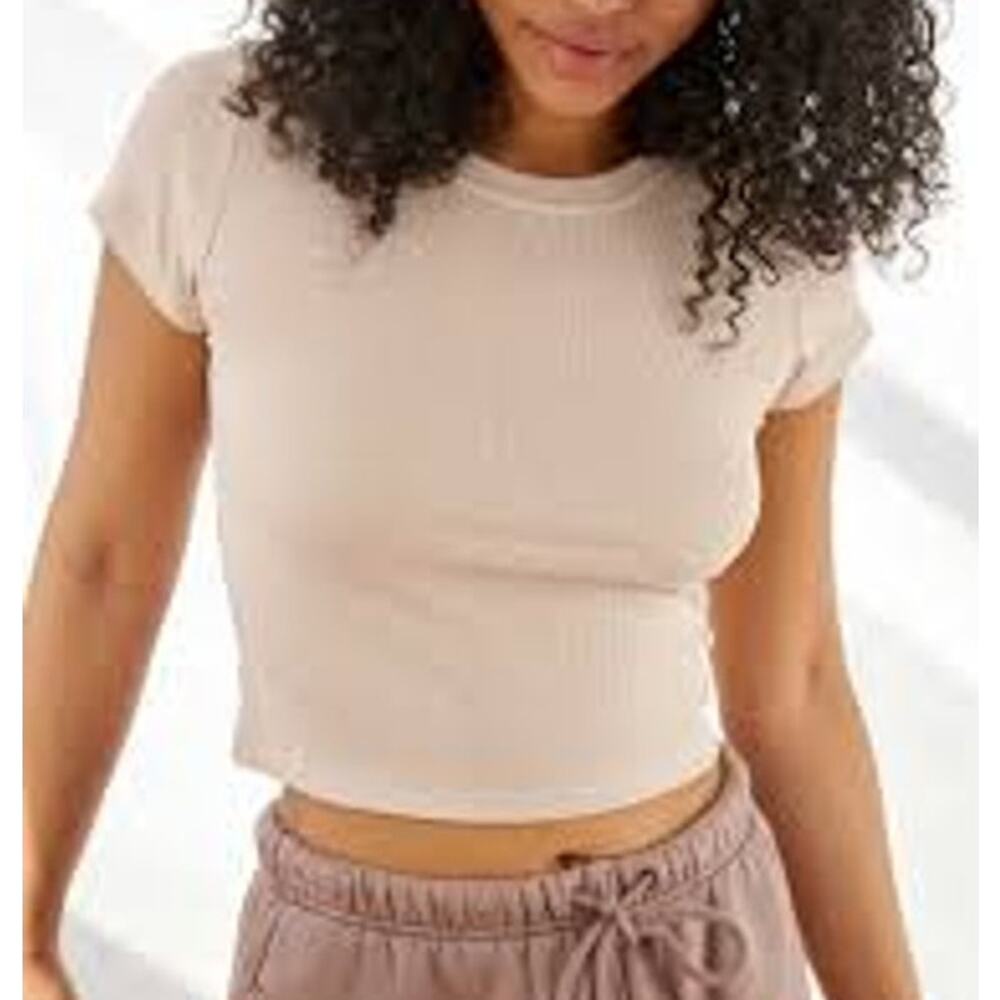 Reformation Ribbed Crewneck Short Sleeve Baby Tee Shirt Tan XS